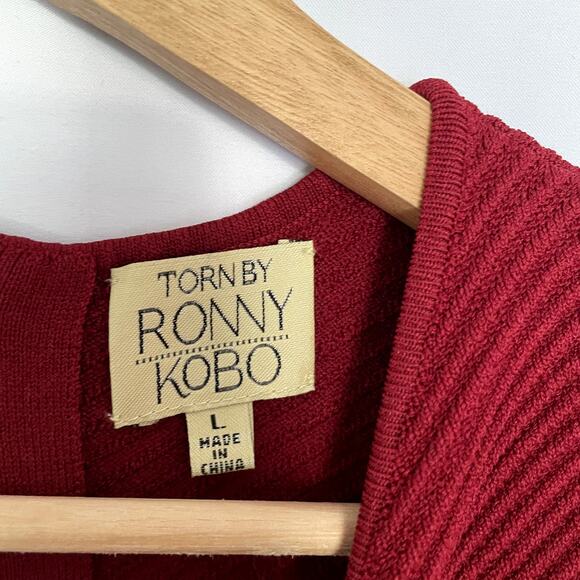 Torn by Ronny Kobo women's L midi bodycon bandage knit dress high neckline red - Picture 4 of 8